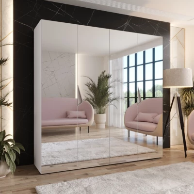 Čtyřdveřová zrcadlová skříň 200 cm AMARIS 3 - bílá / kašmírové úchyty