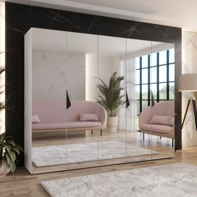 Široká šatní skříň 250 cm AMARIS 3 se zrcadlem - bílá / černé úchyty