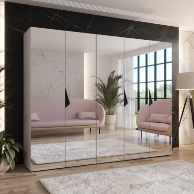 Široká šatní skříň 250 cm AMARIS 3 se zrcadlem - kašmír / černé úchyty