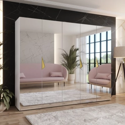 Široká šatní skříň 250 cm AMARIS 3 se zrcadlem - bílá / zlaté úchyty