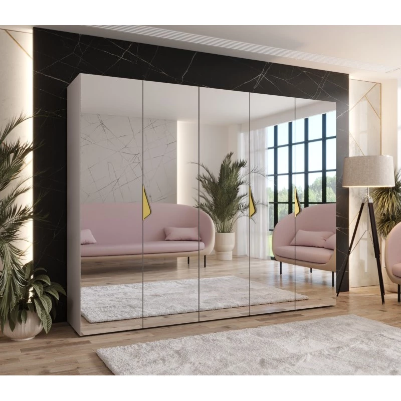 Široká šatní skříň 250 cm AMARIS 3 se zrcadlem - kašmír / zlaté úchyty