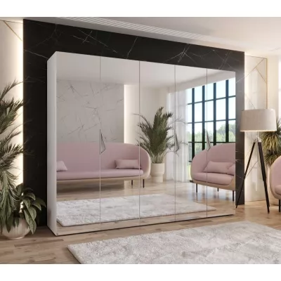 Široká šatní skříň 250 cm AMARIS 3 se zrcadlem - bílá / kašmírové úchyty