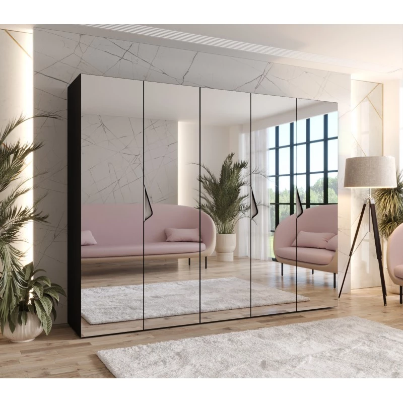 Široká šatní skříň 250 cm AMARIS 3 se zrcadlem - černá / kašmírové úchyty