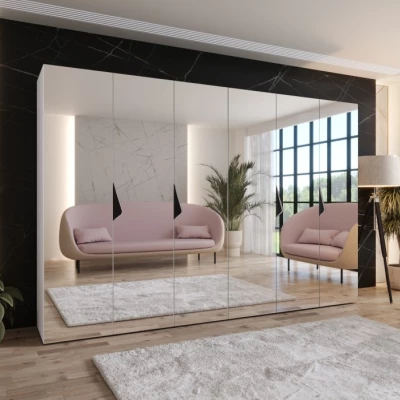 Zrcadlová šestidveřová šatní skříň 300 cm AMARIS 3 - bílá / černé úchyty