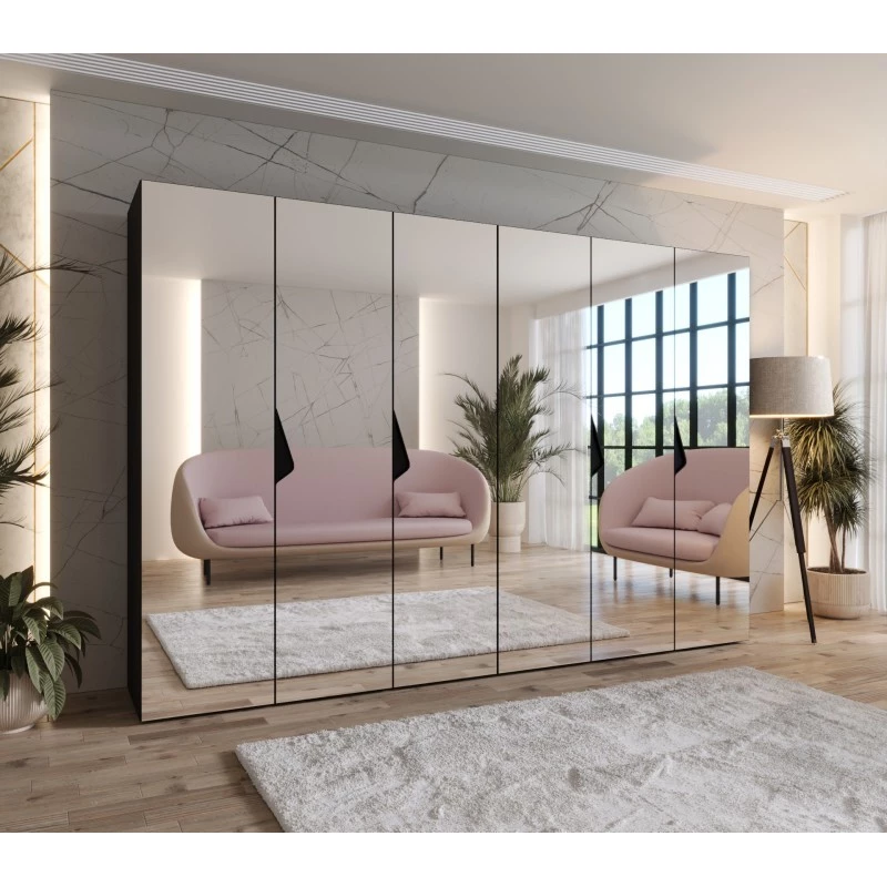 Zrcadlová šestidveřová šatní skříň 300 cm AMARIS 3 - černá / černé úchyty