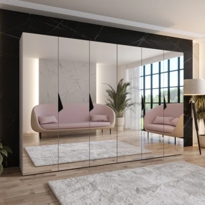 Zrcadlová šestidveřová šatní skříň 300 cm AMARIS 3 - kašmír / černé úchyty