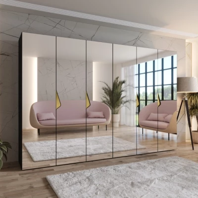 Zrcadlová šestidveřová šatní skříň 300 cm AMARIS 3 - černá / zlaté úchyty