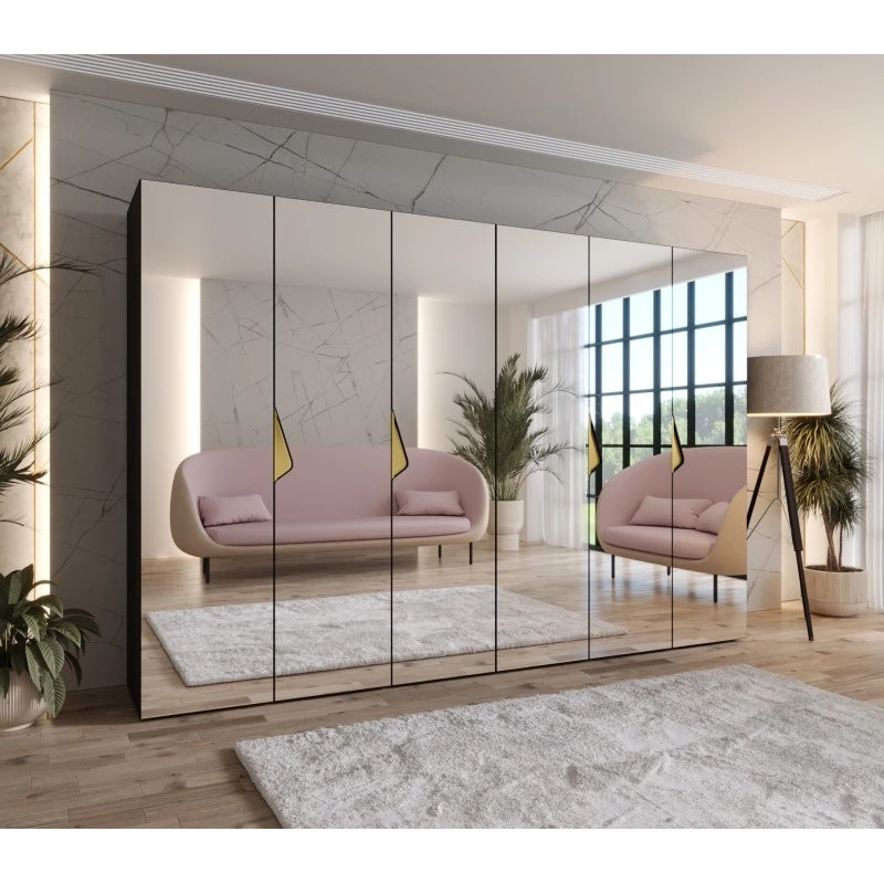 Zrcadlová šestidveřová šatní skříň 300 cm AMARIS 3 - černá / zlaté úchyty