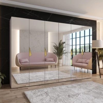 Zrcadlová šestidveřová šatní skříň 300 cm AMARIS 3 - kašmír / zlaté úchyty