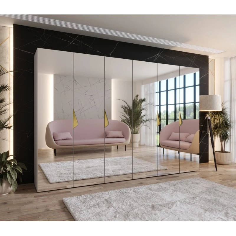 Zrcadlová šestidveřová šatní skříň 300 cm AMARIS 3 - kašmír / zlaté úchyty