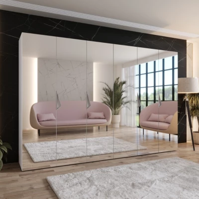 Zrcadlová šestidveřová šatní skříň 300 cm AMARIS 3 - bílá / kašmírové úchyty