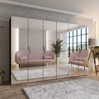 Zrcadlová šestidveřová šatní skříň 300 cm AMARIS 3 - černá / kašmírové úchyty