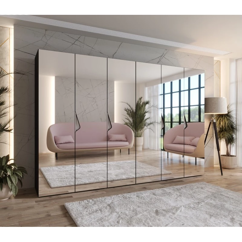 Zrcadlová šestidveřová šatní skříň 300 cm AMARIS 3 - černá / kašmírové úchyty