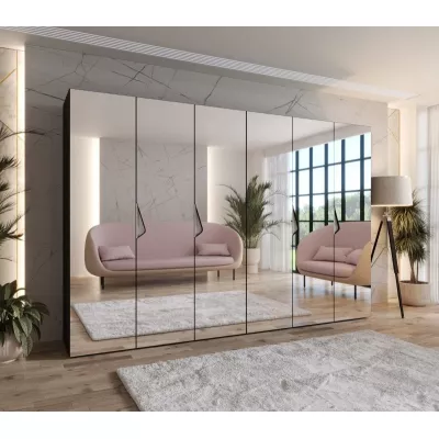 Zrcadlová šestidveřová šatní skříň 300 cm AMARIS 3 - černá / kašmírové úchyty