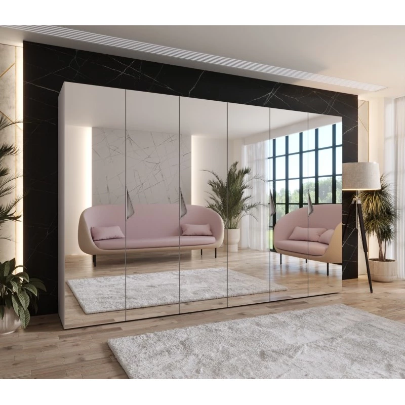 Zrcadlová šestidveřová šatní skříň 300 cm AMARIS 3 - kašmír / kašmírové úchyty