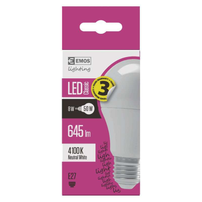 LED žárovka, E27, A60, 8W, 645lm, neutrální bílá / denní světlo