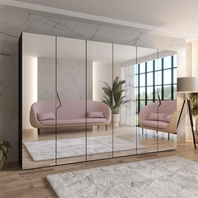 Velká zrcadlová skříň 300 cm AMARIS 3 - černá / kašmírové úchyty