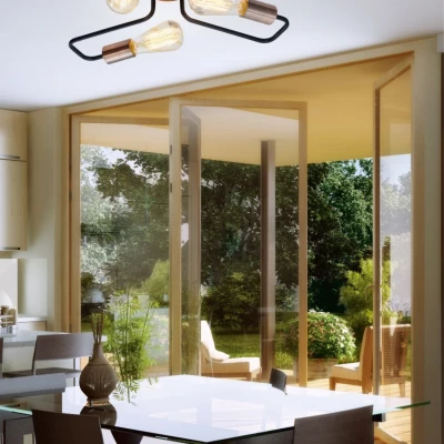 Retro přisazený tříramenný lustr HERPE - 3xE27, 60W, černý / měděný