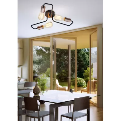 Retro přisazený tříramenný lustr HERPE - 3xE27, 60W, černý / měděný