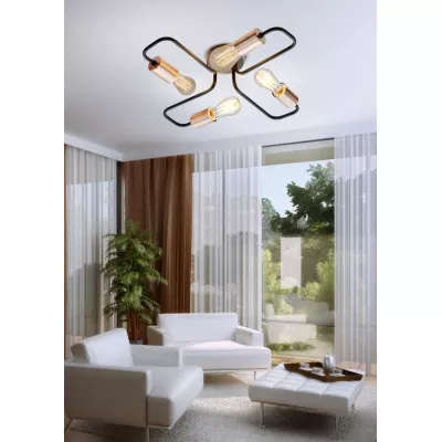 Retro přisazený čtyřramenný lustr HERPE - 4xE27, 60W, černý / měděný