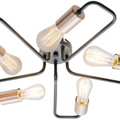 Retro přisazený pětiramenný lustr HERPE - 5xE27, 60W, černý / měděný