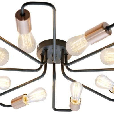 Retro přisazený osmiramenný lustr HERPE - 8xE27, 60W, černý / měděný