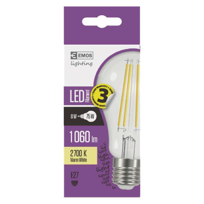 LED filamentová žárovka, A60, E27, 8W, teplá bílá