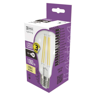 LED filamentová žárovka, A60, E27, 8W, teplá bílá