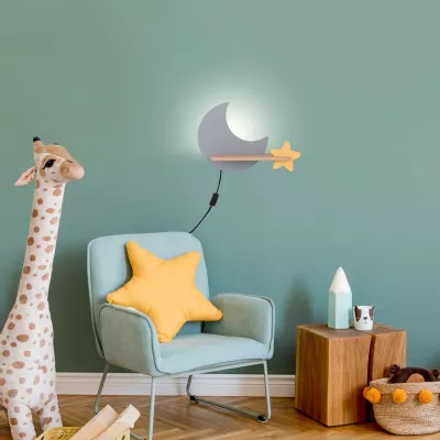 Dětské nástěnné LED světlo do zásuvky MOON - 5W, 4000K (denní bílá), šedé / žluté
