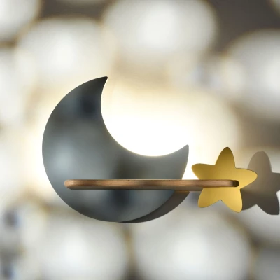 Dětské nástěnné LED světlo s poličkou MOON - 5W, 4000K (denní bílá), šedé / žluté