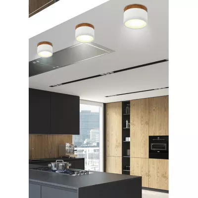 LED stropní osvětlení TUBA - 9W, 4000K (neutrální bílá), 6,4x8,8cm, kulaté, imitace dřeva / bílé