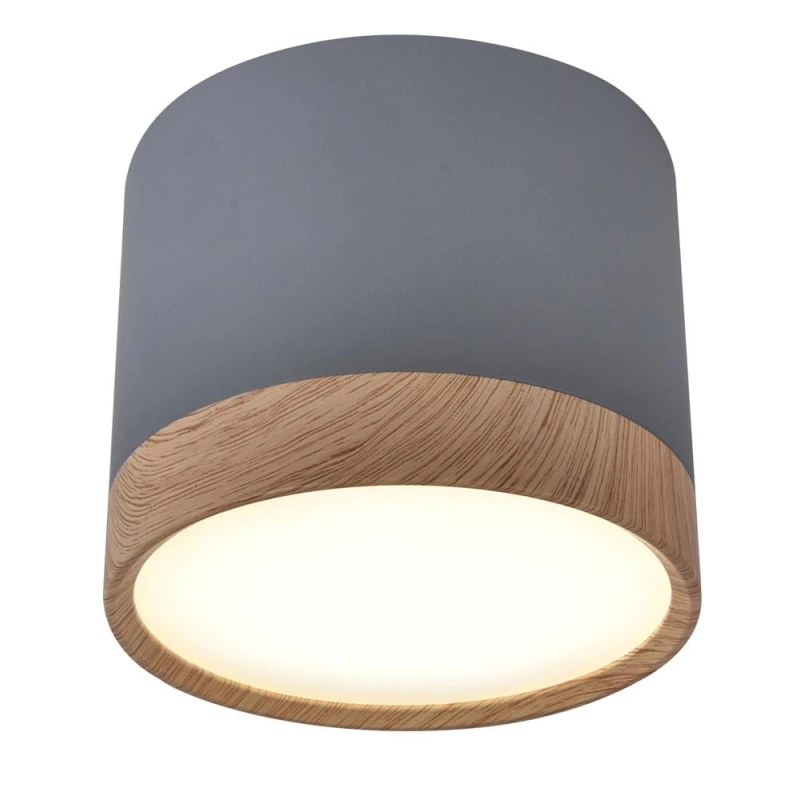 LED stropní světlo TUBA - 9W, 4000K (neutrální bílá), 7,5x8,8cm, kulaté, imitace dřeva / šedé