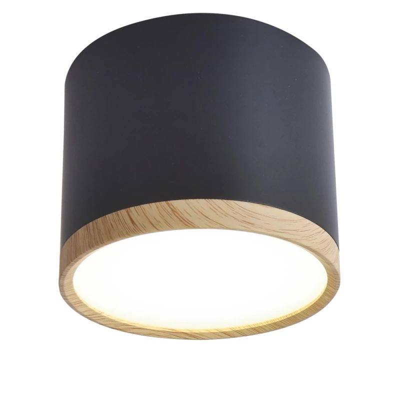 LED stropní světlo TUBA - 9W, 4000K (neutrální bílá), 7,5x8,8cm, kulaté, imitace dřeva / černé