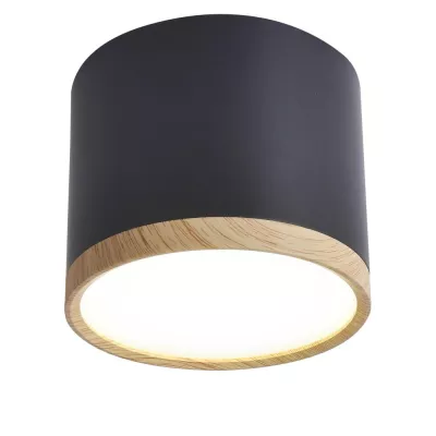 LED stropní světlo TUBA - 9W, 4000K (neutrální bílá), 7,5x8,8cm, kulaté, imitace dřeva / černé