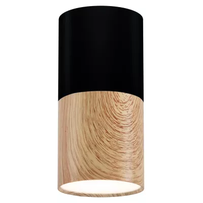 Stropní skandinávské osvětlení TUBA - 1xGU10, 50W, 5,8x12cm, kulaté, imitace dřeva / černé