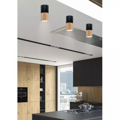 Stropní skandinávské osvětlení TUBA - 1xGU10, 50W, 5,8x12cm, kulaté, imitace dřeva / černé