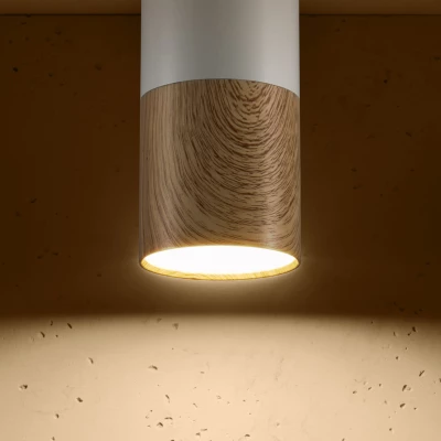 Stropní skandinávské osvětlení TUBA - 1xGU10, 50W, 5,8x12cm, kulaté, imitace dřeva / bílé