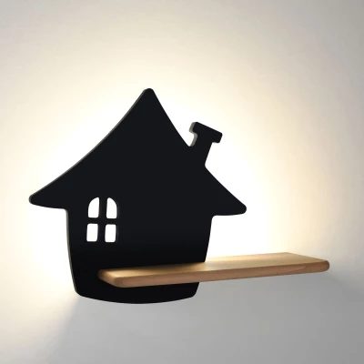 Dětská LED lampička na zeď s poličkou HOUSE - 4W, 4000K (denní bílá), černá