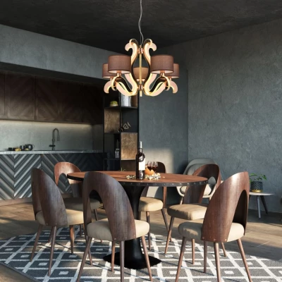 Pětiramenné závěsné světlo AMBROSIA - 5xE14, 40W + LED 43,4W, 2800K (teplá bílá), měděné