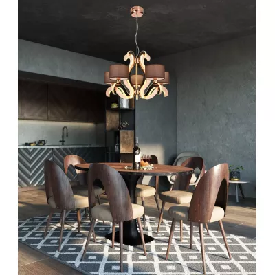 Pětiramenné závěsné světlo AMBROSIA - 5xE14, 40W + LED 43,4W, 2800K (teplá bílá), měděné