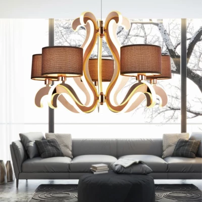 Pětiramenné závěsné světlo AMBROSIA - 5xE14, 40W + LED 43,4W, 2800K (teplá bílá), měděné