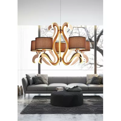 Pětiramenné závěsné světlo AMBROSIA - 5xE14, 40W + LED 43,4W, 2800K (teplá bílá), měděné