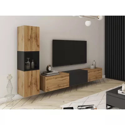 Obývací stěna HEXIO - dub wotan / dub wotan / černá + LED osvětlení