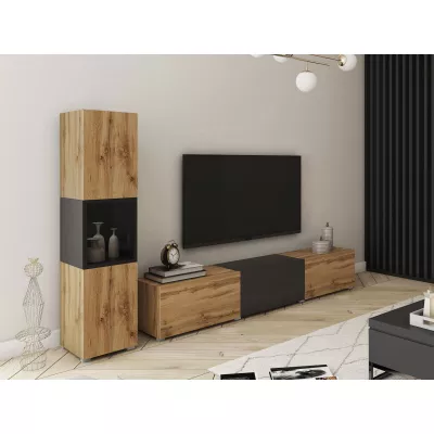 Obývací stěna HEXIO - dub wotan / dub wotan / černá + LED osvětlení