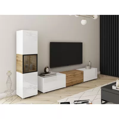 Obývací stěna HEXIO - bílá / bílá lesklá / dub wotan + LED osvětlení