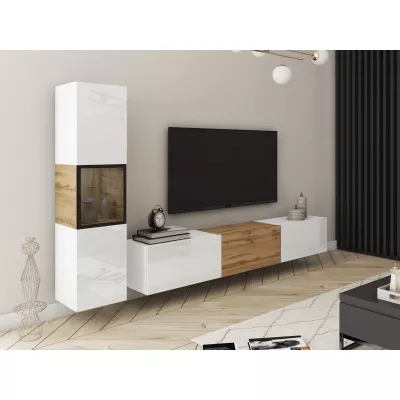 Obývací stěna HEXIO - bílá / bílá lesklá / dub wotan + LED osvětlení