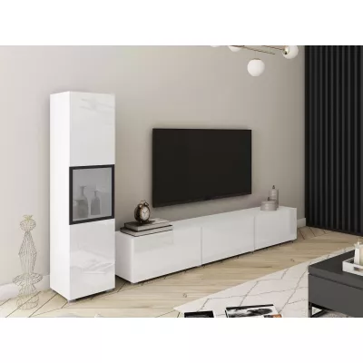 Obývací stěna HEXIO - bílá / bílá lesklá + LED osvětlení