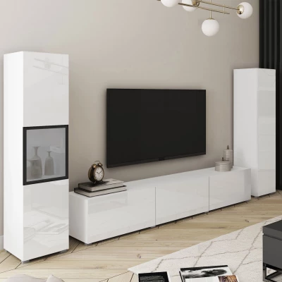 Stěna do obýváku HEXIO - bílá / bílá lesklá + LED osvětlení