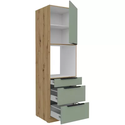 Skříň na vestavnou troubu se šuplíky LUNARA - šířka 60 cm, zelená / dub artisan