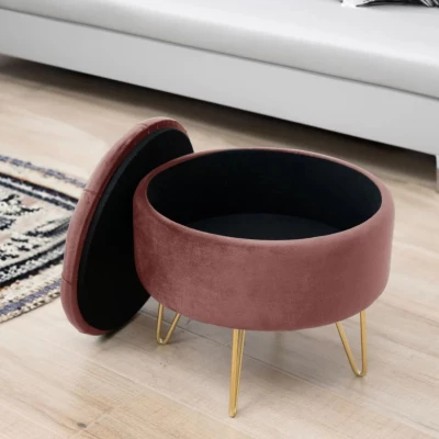 Elegantní taburet DRAVIEN s úložným prostorem - růžový / zlatý